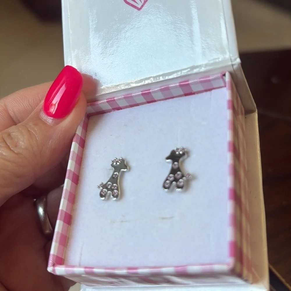 Silver toddler girls Giraffe Kids Earrings with pale pink crystals new in box
